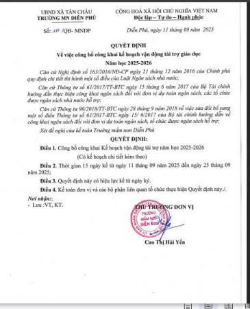 Quyết định về việc công bố công khai kế hoạch vận động tài trợ giáo dục năm học 2025 -2026
