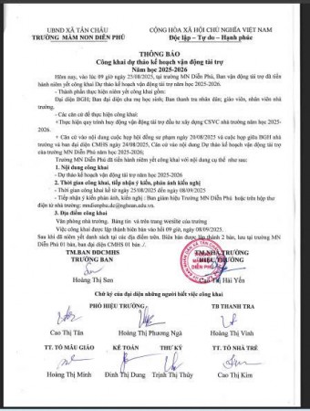 Thông báo công khai dự thảo kế hoạch vận động tài trợ năm học 2025 - 2026