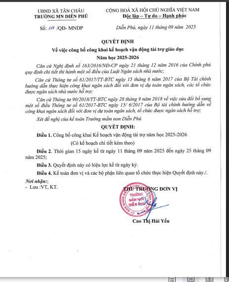 Quyết định về việc công bố công khai kế hoạch vận động tài trợ giáo dục năm học 2025 -2026