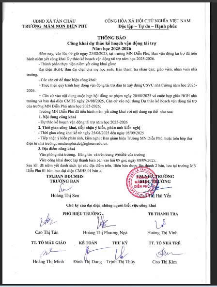Thông báo công khai dự thảo kế hoạch vận động tài trợ năm học 2025 - 2026