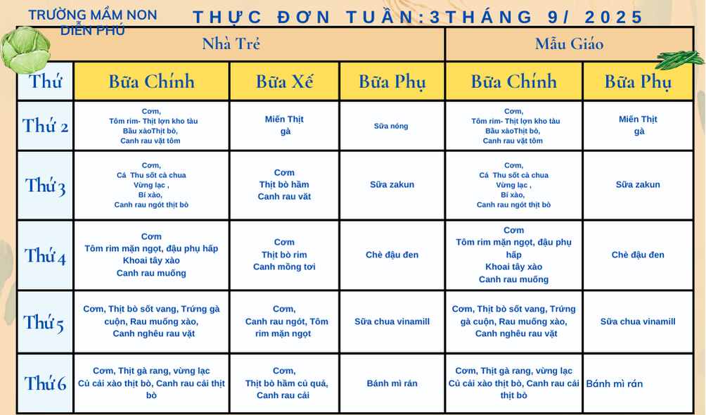Thực đơn Tuần 3 Tháng 9 2025