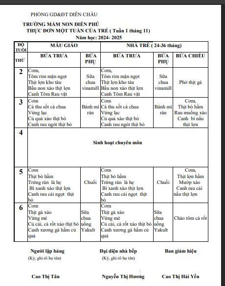 Thực đơn tháng 11/2024